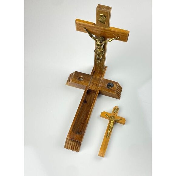 Wooden Cross Set w/ Sliding Lid & Candles Last Rites Sick Call Compartment 12" D - Picture 2 of 11